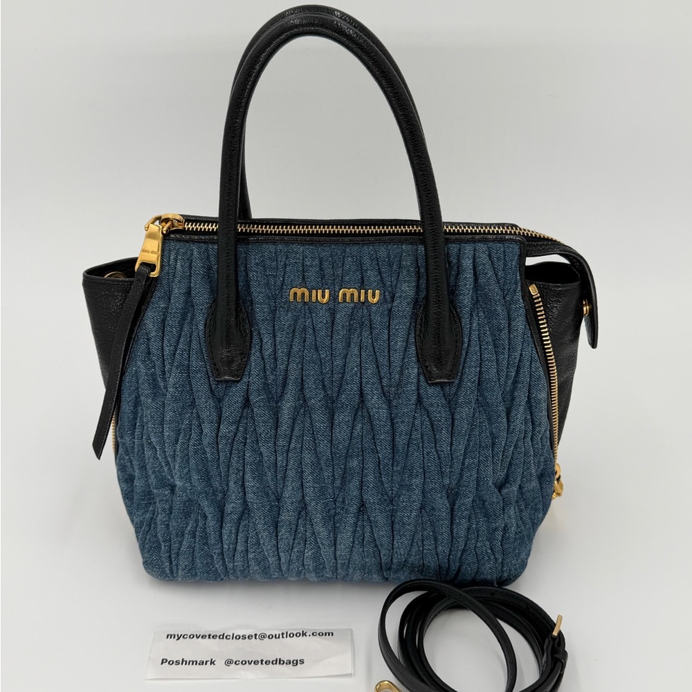 Miu Miu Denim Satchel w/ Black Leather Trim and Gold Hardware w/COA - Picture 3 of 16